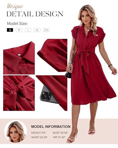 Image of ECOWISH Womens Casual Midi Dresses Solid V Neck Short Sleeve Button Shirt Belted Dress with Pockets for Spring Summer 2026