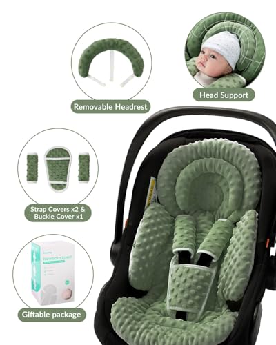 Image of TinlyFinly Infant Car Seat Insert with Extra Cushion for Preemie to Toddler, Reversible Newborn Carseat Insert for Baby Head Body Support, Fits for Stroller, Baby Swing, Bouncer - Dots, Dark Green