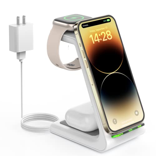Wireless Charging Station for Apple – 3 in 1 Wireless Charger Stand Dock Watch and Phone Charger Station for Apple Watch 8/7/SE/6/5/4/3/2, iPhone 15 14 13 12 Pro Max SE XS X, AirPods Pro/3/2