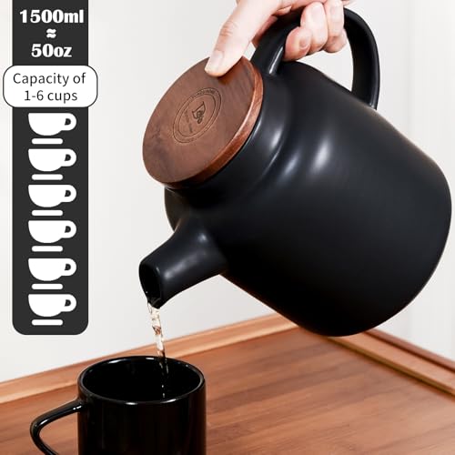 Image of Yundu 1500ml / 50 oz Ceramic Teapot with Infuser & Wood Lid - Matte Black, Loose Leaf Tea Pot with Removable Strainer, Large Capacity
