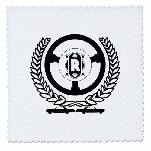 10x10 inch Quilt Square - Laurel Wreath, Steering Wheel, Two Motor Cars. Resplendent Letter R Alexis Design - Monogram Auto Car