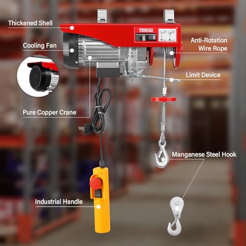 TEENO Elektrischer Flaschenzug 1200W, Überlast-Hebezeug Elektrische Seilwinde 220V, Einfache und Doppelte Aufhängung 300KG/600KG, 6 m/min |12 m/min Rot (300KG/600KG)