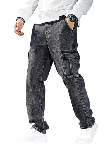Image of QNIM Cargo for Men | Loose Fit White Denim Jeans | Stylish Cotton Multi-Pocket Casual Styling Pant | Trendy Straight Leg Comfortable Utility Streetwear Trousers (Q-04-05)