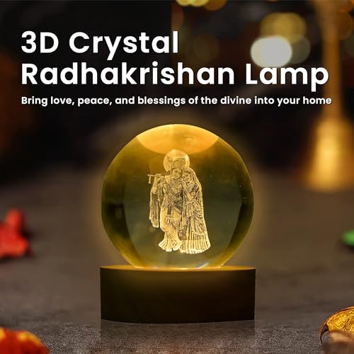 Image of 3D Crystal Radha Krishna Lamp LED Light Base with Laser Engraved Divine Idol in Glass Spiritual Night Light for Home, Temple, Office Hindu God Gift for Pooja, Festivals & Decor
