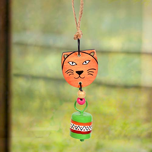 Image of Aakriti Art Creations Lion Wind Chime with Metal Bell | Modern Art Handmade Wooden & Metal Wind Chime in Orange | Matte Decorative Wind Chimes for Balcony, Garden & Home, Living Room & Gifting
