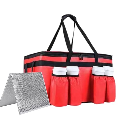 CIVJET Insulated Food Delivery Bag with 4 Cup Holder, with Bottom, XXX-Large Insulated Grocery Bags with Zippered Top, Cooler Bags with Drink Carrier, Food Carrier Catering Bag,Red
