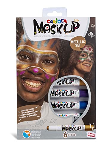 CARIOCA Mask Up Effet Métallique, Kit de Maquillage, Set de Maquillage pour Filles et Enfants, Trucs et Astuces pour la Peau en Stick à Base d'eau, Couleurs Assorties, Tutorial avec 2 Motifs, 6 Pièces Cover