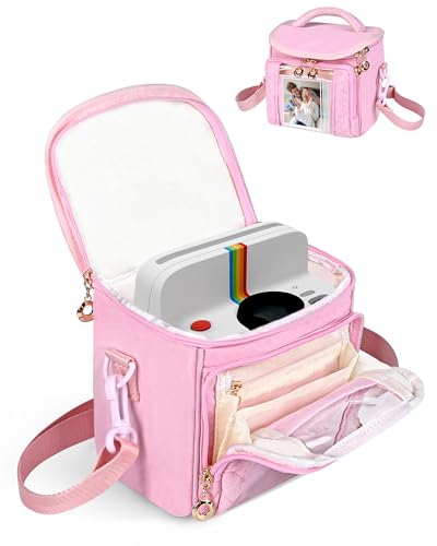 Telawsfun Camera Case Compatible with Polaroid Now 2nd/3rd Instant Camera Crossbody Camera Carrying Bag with Easy Photo Window & Adjustable Strap Pink