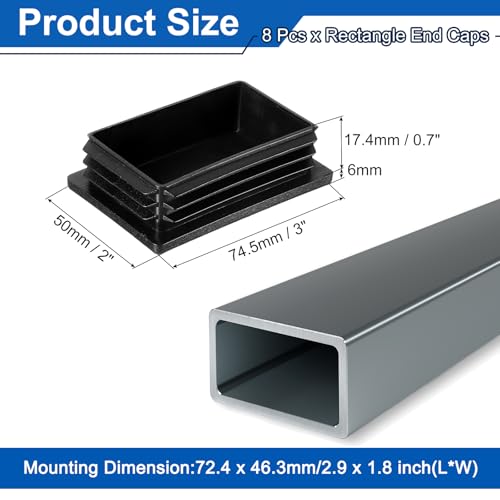 Image of uxcell 8 Pcs Rectangle Tubing End Caps 3 x 2 Inch Plastic Hole Plugs Insert End Cap for Metal Tubing Post Chair Leg Table Bookshelves Furniture, Black