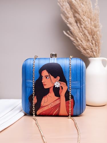 Image of Artklim Printed Box Clutch for Girls - Cross Body Purse with Detachable Golden Chain Strap