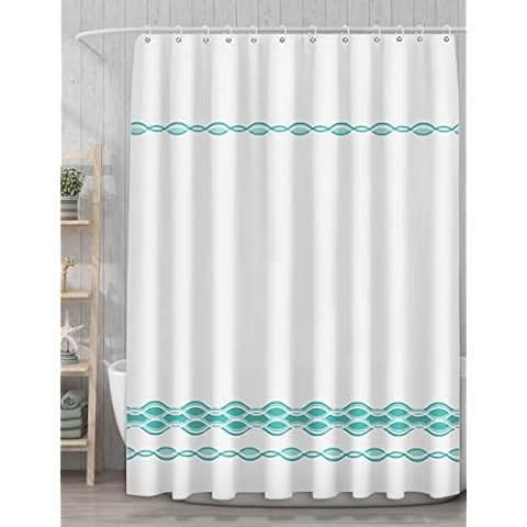 Petrala White Shower Curtain Wavy Line Ocean Style Fabric Bathroom Curtain Set 72X72 Inch Cover