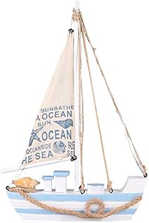 WINOMO Mini Sailing Boat With LED Light Wooden Nautical Ornaments Sailboat Beach Figurines Ocean Home Decoration For Bedroom Window Corridor Garden Office Home Blue