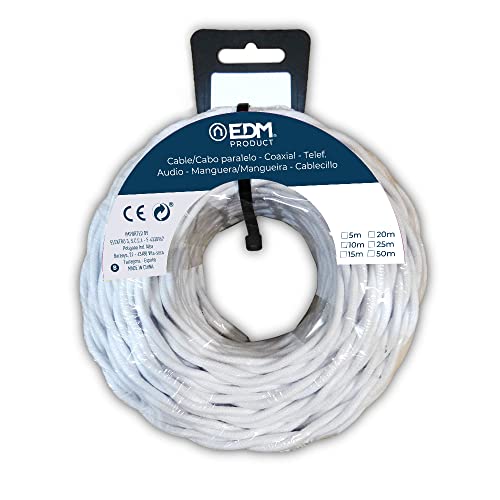 eDM 11986 Cable Paralelo Textil Trenzado, Blanco, 2 x 1.5 mm x 25 m