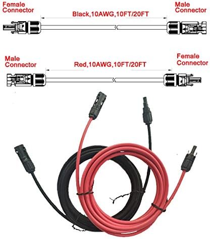 Trisinger 10 Feet 20 Feet 10AWG (6mm2) Solar Panel Extension Cable with 1500V IP68 Female and Male Connector waterproof Adaptor Kit (for 20ft)