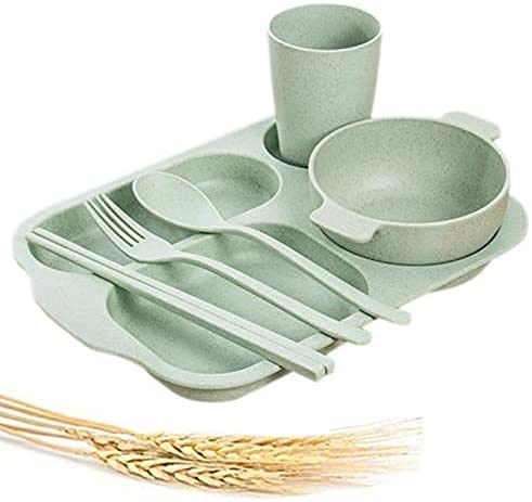 NILKANTH® Unbreakable Divided Portion Plate - Wheat Straw Fiber, Microwave & Dishwasher Safe,Plate, Bowl, Cup, Fork, Spoon, Chopsticks 6 Piece Set for Kids Adults (Green)