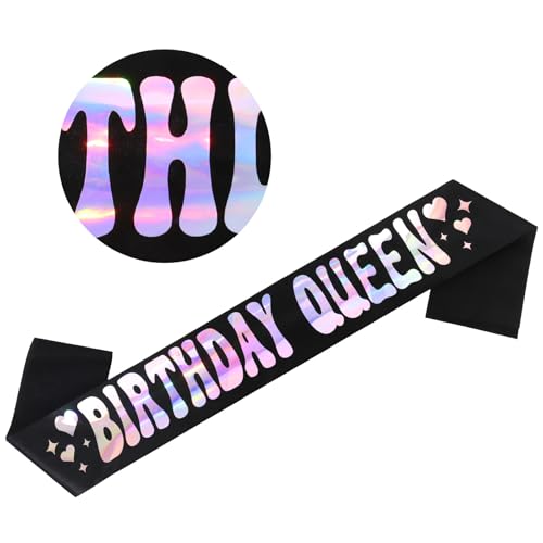 CAVETEE Birthday Girl Sash, Birthday Sash with Iridescent Foil Happy Birthday Decorations for Official Teenager Sweet 16, 21st 30th 40th 50th Birthday Party (Black Birthday Queen)