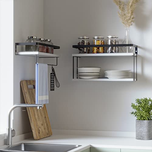 Richer House 2+1 Tier Wall Mounted Floating Shelves Set Of 2, Rustic Wood Wall Shelf With Metal Frame, Extra Storage Rack For Bathroom, Kitchen, Bedroom With Tissue Rack & Towel Bar - White #TOP6