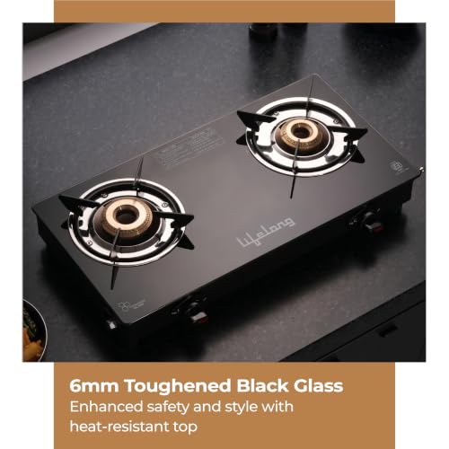 Image of Lifelong 2 Burner Gas Stove Top for Kitchen - Brass Burner Manual Ignition Cooktop Modern Glass Stove for Modular Kitchen, ISI Certified & Compatible with LPG - 1 Year Manufacturer's Warranty(LLGS002)