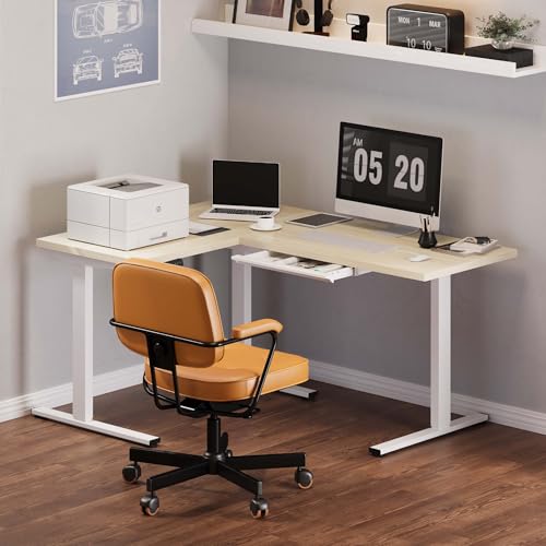 Image of FLEXISPOT L Shaped Standing Desk, 63 x 47 Inch Electric Height Adjustable Corner Desk, Sit Stand Computer Workstation, Preset Controller, Home Office, White Frame with Maple Top, White Drawer