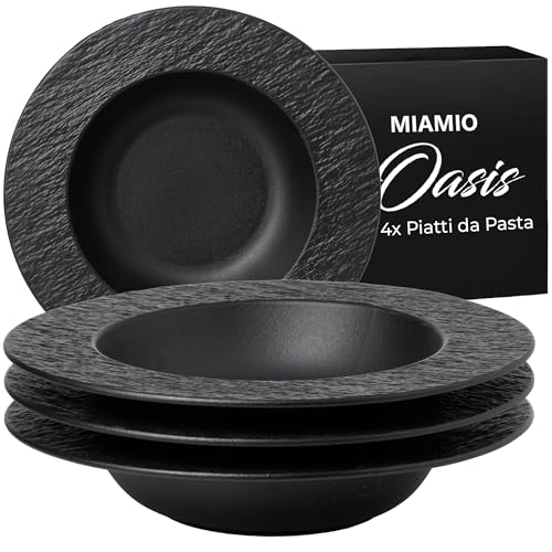 MIAMIO – 26 cm, set di 4 piatti piani, piatti fondi grandi, moderne stoviglie in ceramica bianca e nera, adatte al microonde e lavabili in lavastoviglie – Collezione Oasis (Nero)