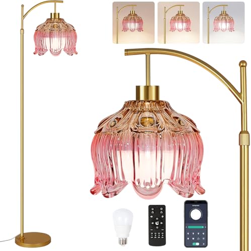 ILLMTW Pink Floor Lamp for Living Room,Bedroom,Glass Mid Century Modern Standing Lamp with Remote,Dimmable Gold Brass Tall Lamp Tulip Flower Arc Floor Light Boho Bohemian