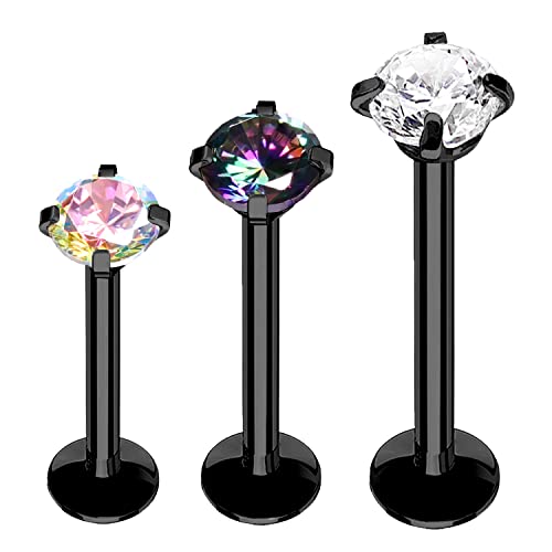 BodyJ4You 3PC Labret Tragus Cartilage 16G Studs - Internally Threaded Black Surgical Steel Pink Black Clear - Helix Lip Monroe Medusa Conch - Shiny CZ Crystal - Versatile Body Piercing Jewelry