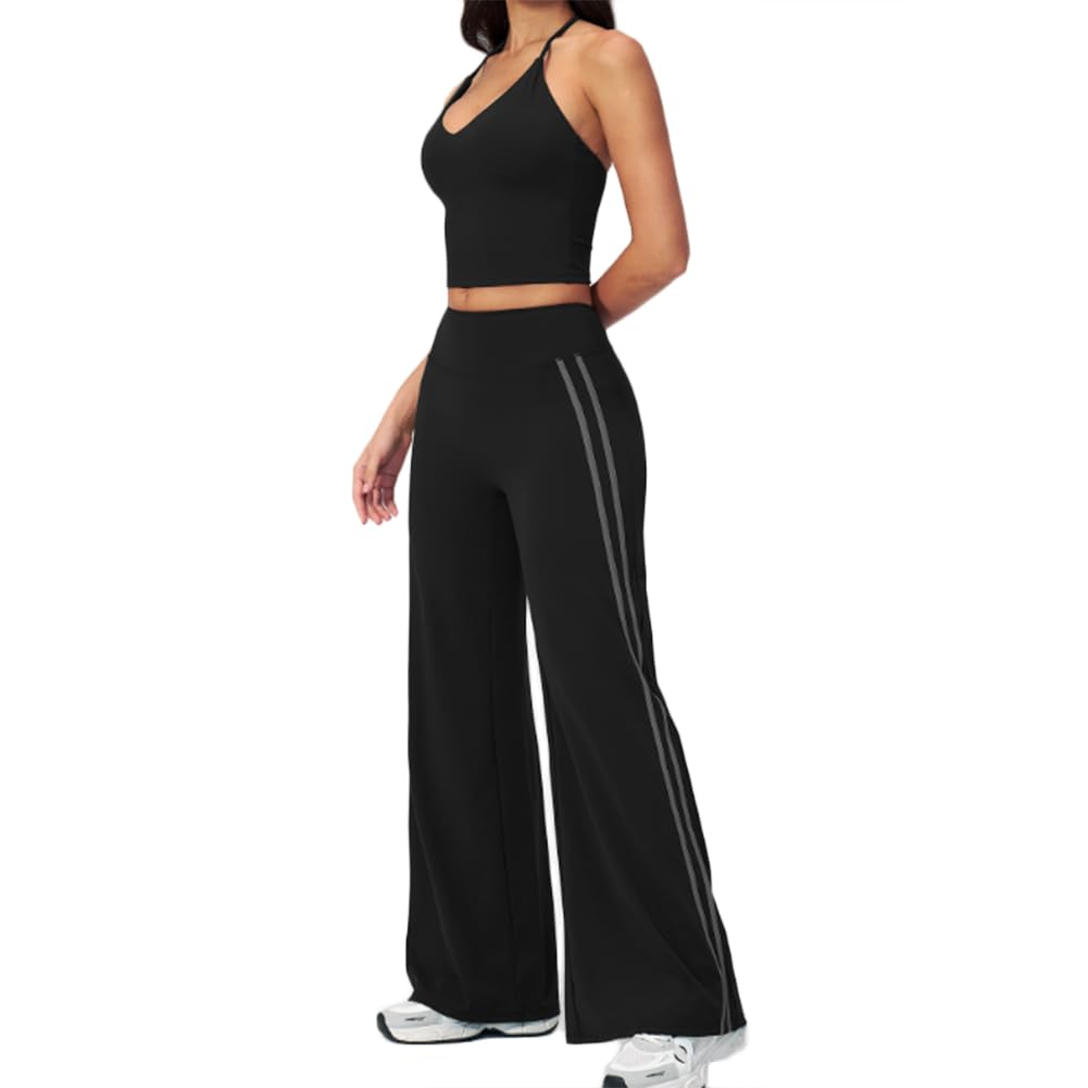 Ensemble yoga deux pièces soutien-gorge sport et legging pour gym course | Camisole sport col V à brides tour de cou, pantalon taille haute à jambes larges avec rayures latérales contrastées