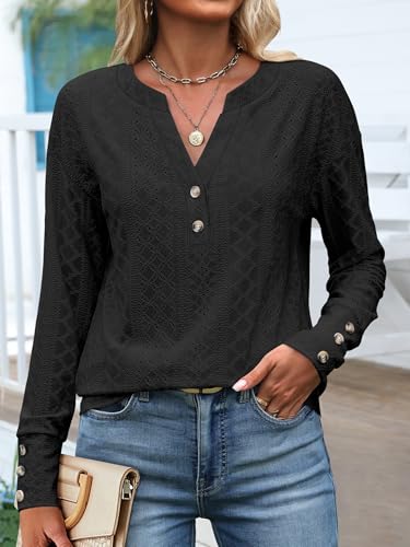 ANRABESS Womens Eyelet Tops Long Sleeve Henley Shirts Business Dressy Casual Blouse Vacation T-Shirt 2025 Fall Outfits