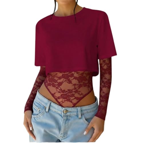 Body en dentelle à manches longues pour sortir et briller en soirée t-shirt transparent