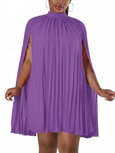 Image of Women's Casual Cape Sleeve Pleated Split Short Dress Loose Fit Cocktail Party Flowy Dress