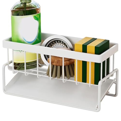 Ladruph スポンジホルダー スポンジ置き スポンジラック 水が流れる スポンジ&ボトルホルダー ブラックスポンジラック スポンジ置き防錆 キッチン用 スポンジ洗剤置き 炭素鋼材質 たわしホルダー 水切り機能 洗面所 キッチン収納 (白A)