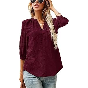 LOMON Women's Casual 3/4 Sleeve Henley V-Neck Button Up Pleated Back Blouses Swiss Dot Blouse Tops T-Shirts S-XXL Large Wine Red