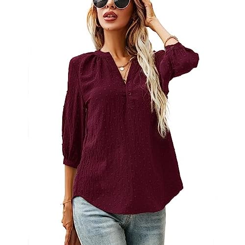 LOMON Women's Casual 3/4 Sleeve Henley V-Neck Button Up Pleated Back Blouses Swiss Dot Blouse Tops T-Shirts S-XXL Small Wine Red