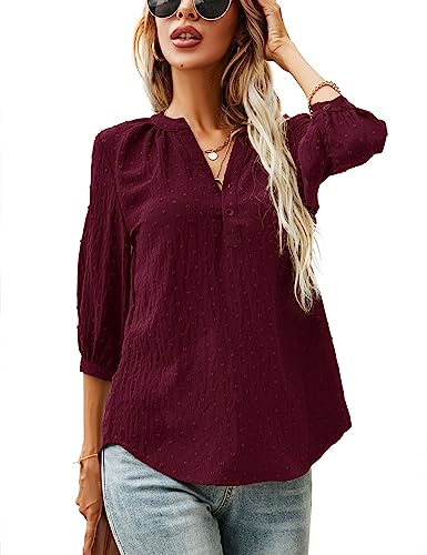 LOMON Women's Casual 3/4 Sleeve Henley V-Neck Button Up Pleated Back Blouses Swiss Dot Blouse Tops T-Shirts S-XXL