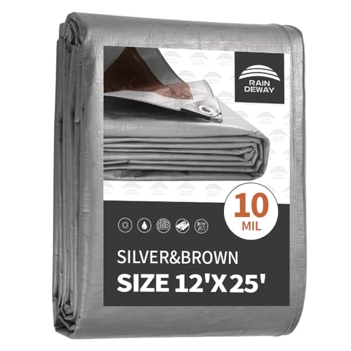RAINDEWAY Tarps Heavy Duty Waterproof 12x25 Feet,10Mil Thick Multipurpose Poly Tarp Cover with Metal Grommets and Reinforced Edges,Silver/Brown Tarp
