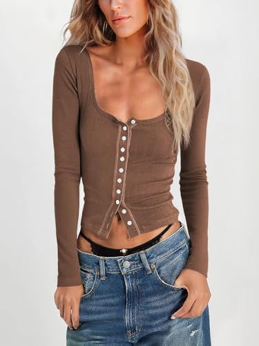 Women Ribbed Knit T-Shirt Tops Long Sleeve Button Down Stretchy Slim Fit Scoop Neck Blouse2