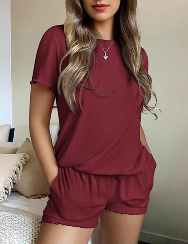 Image of Ekouaer Womens Pajamas 2 Piece Ribbed Knit Pjs Short Sleeve Sleepwear Set Summer Soft Pajamas Set Casual Lounge Sets