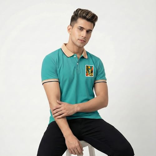Image of Men's Regular Fit Solid Half Sleeve Casual Tipping Collar Polo T-Shirt