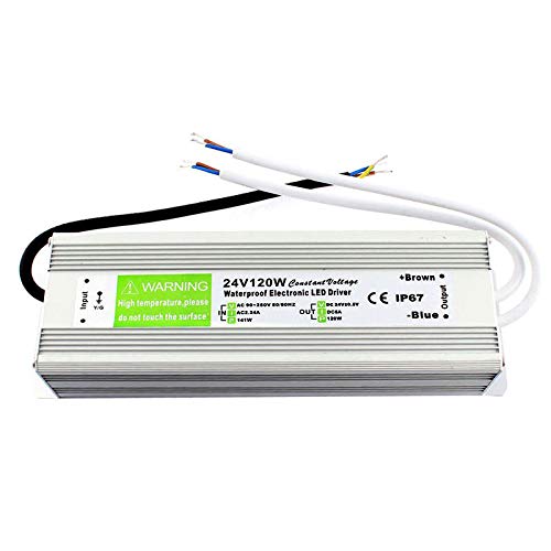 24V LED Driver 120W LED Transformer Waterproof Outdoor IP67 AC 90V-250V to DC 24V 5A Power Supply With Plug Constant Low Voltage Adapter for Strip Light Garden Shed Cabinet Light