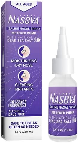 Nasova Saline Spray with Natural Dead Sea Salt - Moisturizing, Cooling Spray for Nasal Dryness Relief, Clear Nasal Passages from Allergens, Dust, and Irritants (0.5 Ounce) 15ml