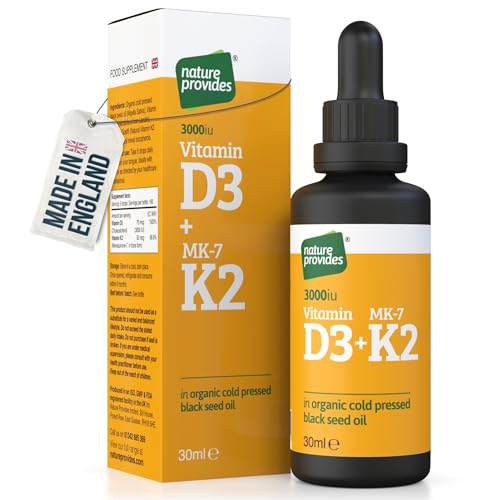 Vitamin D3 & K2 (MK-7) in Organic Black Seed Oil/Nigella Sativa (30ml) - High Strength Liquid (3000IU), 100% Trans MK-7, Immune, Bone Support, Heart Health, Sublingual, Made in UK by Nature Provides