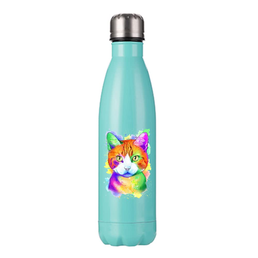 Getagift Cat Design Water Colour Painting Rainbow Art Birthday, Christmas, Secret Santa BACK TO SCHOOL 500 ML Double Walled Insulated Stainless Steel Bottle. (Matt Mint Green)