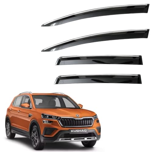 Image of CAR SAAZ Unbreakable Chrome Smoke Door Visor for Kushaq (2021-2026)| Premium Sun, Rain Wind Deflector Chrome Strip Side Door Rain Visor - Set of 4 Pcs