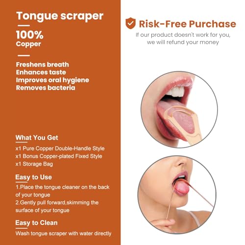 Image of 2Pcs Copper Tongue Scraper, Tongue Cleaner Set for Adults Kids, Stainless steel Wide Double Blades Oral Tongue Brush Cleaning Scrapping Sweeper for Fresh Breath and Mouth Hygiene Care with Travel Bag
