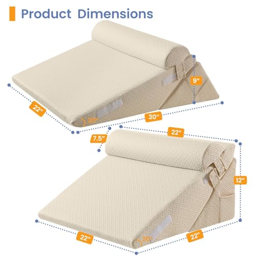 Image of Sasttie Wedge Pillow Set for After Surgery, 2PCS Adjustable Bed Wedge Pillow Headboard with Memory Foam Neck Cushion - for Acid Reflux, Sleeping, Neck & Back Support, Beige