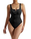 RXRXCOCO Ärmellos Gerippte Shape Body Damen mit Knopfleiste V Ausschnitt Rückenfreie Shapewear Bauchweg Formend Bodysuit Body Shaper Schwarz L