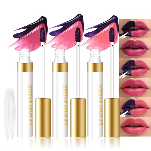 evpct 3Pcs Peel Off Lip Stain Tints with Tweezer, Liquid Lipstick Lip Stain Gloss Long Lasting Waterproof for Women, Non-stick Cup Lipstick Peel Off Highly Pigmented 24 Hrs Original Lips Stains, Set04