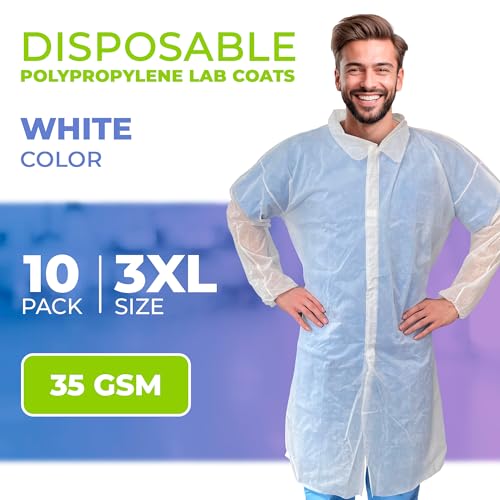 Image of AMZ Medical Supply White Disposable Lab Coat, 3X-Large. 10 Pack 35 GSM Polypropylene Fabric Protective Coat. Knee-Length Disposable Lab Coats for Adults with Elastic Wrist, Loop Fasteners, No Pockets