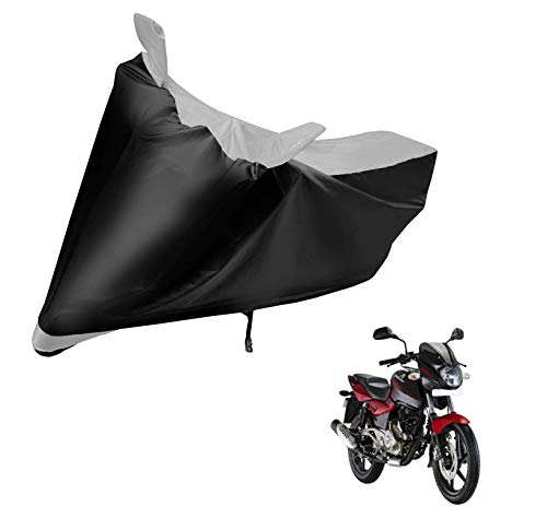 Image of Auto Hub Bike Cover Compatible with Bajaj Pulsar 180 with Mirror Pocket, Dustproof, Heat Resistant, Triple Stitched, Pulsar 180 Bike Cover- Black, Silver