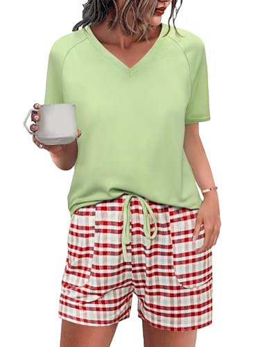 Uniexcosm Pijama de Mujer Verano Manga Corta Cuello en V Top y Shorts a Cuadros Conjunto de Pijamas Mujer 2 Piezas Suave y Cómodo B:Verde XL